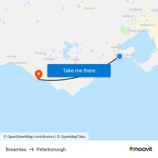 Breamlea to Peterborough map