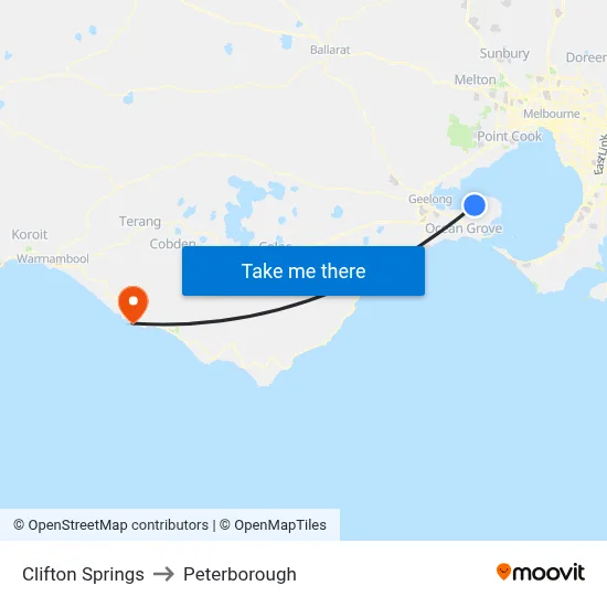 Clifton Springs to Peterborough map