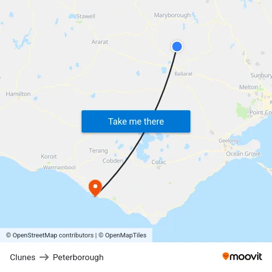 Clunes to Peterborough map