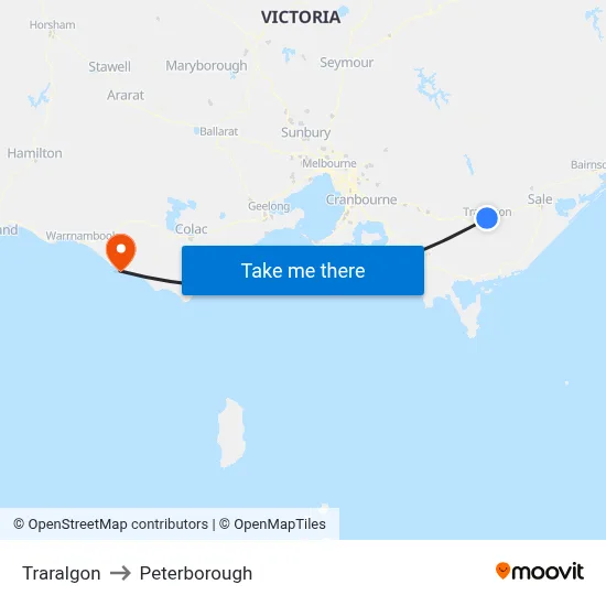 Traralgon to Peterborough map