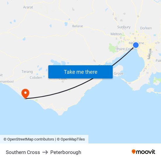 Southern Cross to Peterborough map