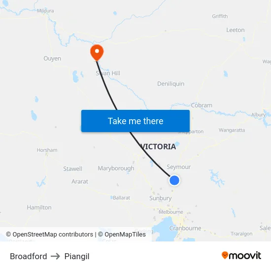 Broadford to Piangil map