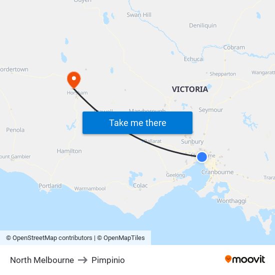 North Melbourne to Pimpinio map