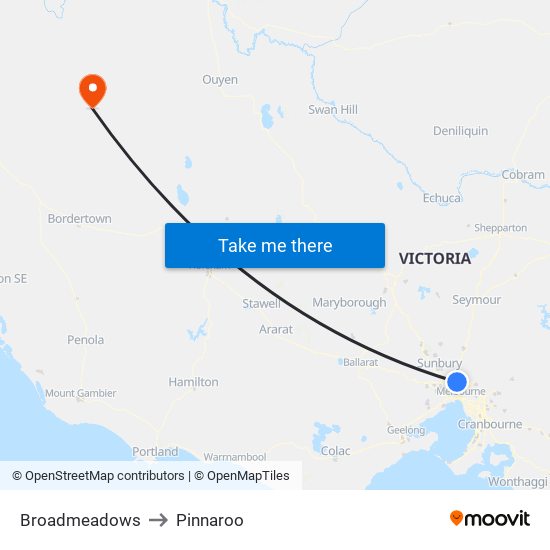 Broadmeadows to Pinnaroo map