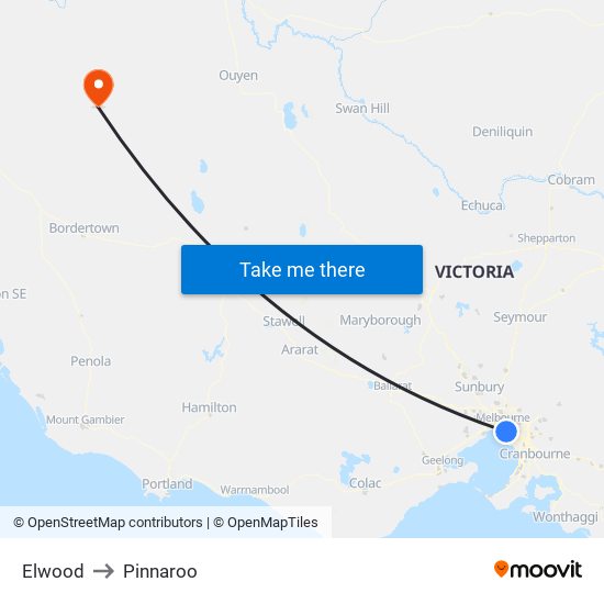 Elwood to Pinnaroo map