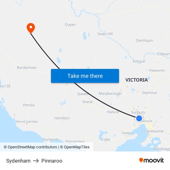 Sydenham to Pinnaroo map