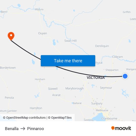 Benalla to Pinnaroo map