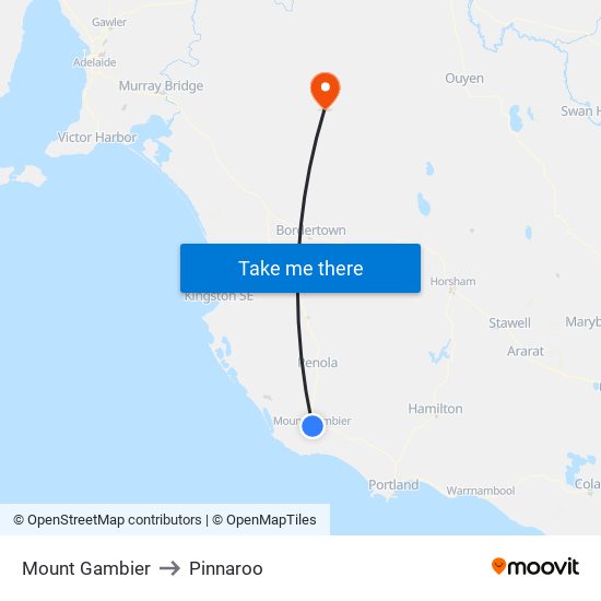 Mount Gambier to Pinnaroo map