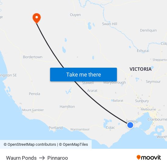 Waurn Ponds to Pinnaroo map