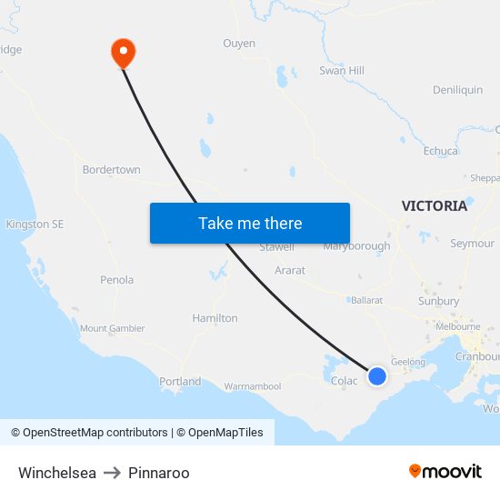 Winchelsea to Pinnaroo map