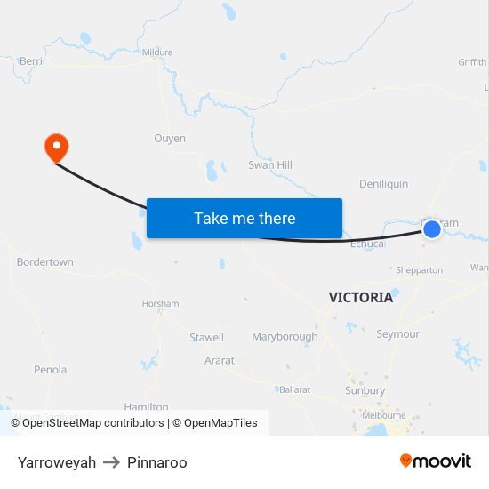 Yarroweyah to Pinnaroo map