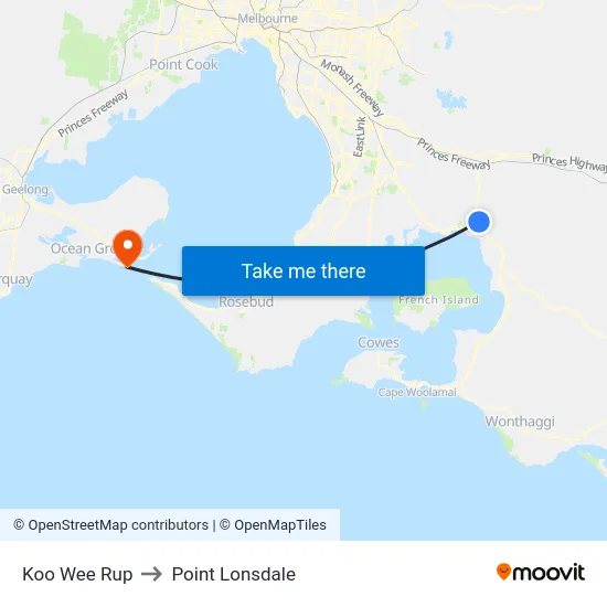 Koo Wee Rup to Point Lonsdale map