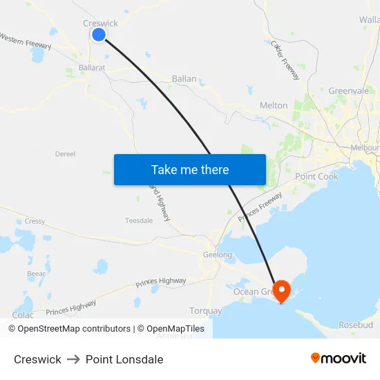 Creswick to Point Lonsdale map