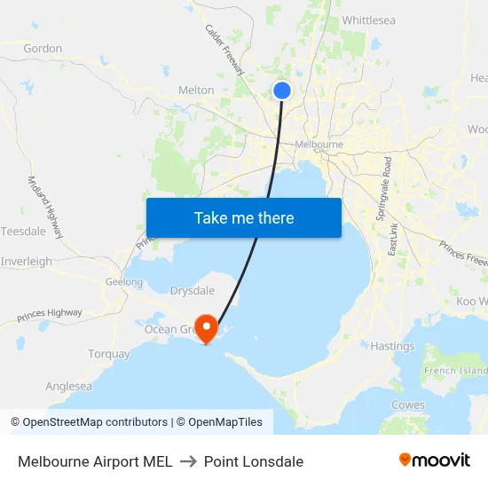 Melbourne Airport MEL to Point Lonsdale map