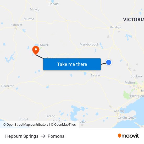 Hepburn Springs to Pomonal map