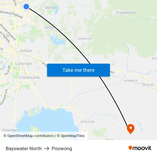 Bayswater North to Poowong map