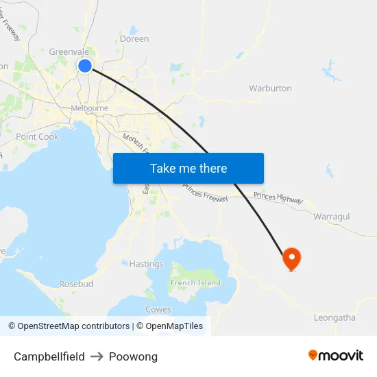 Campbellfield to Poowong map