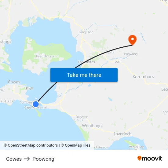 Cowes to Poowong map