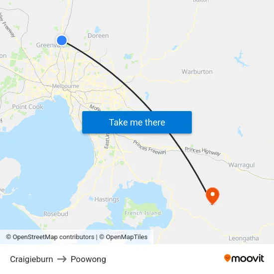 Craigieburn to Poowong map
