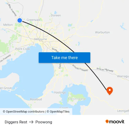 Diggers Rest to Poowong map