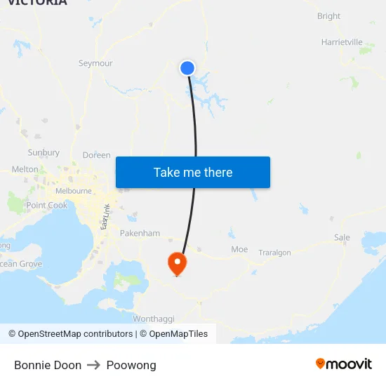 Bonnie Doon to Poowong map