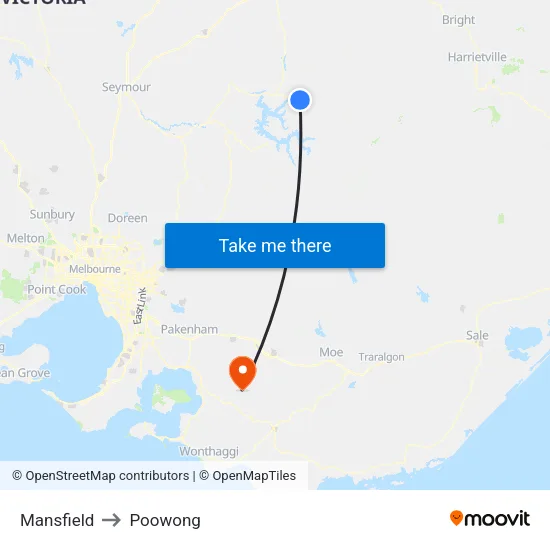 Mansfield to Poowong map