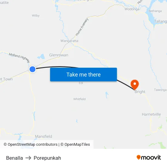 Benalla to Porepunkah map