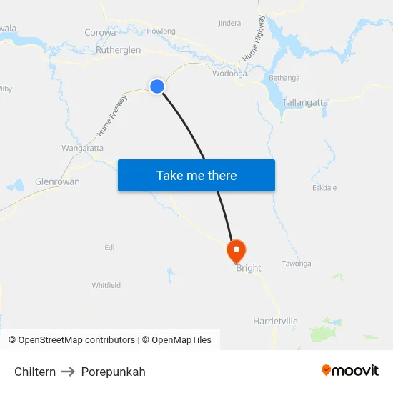 Chiltern to Porepunkah map