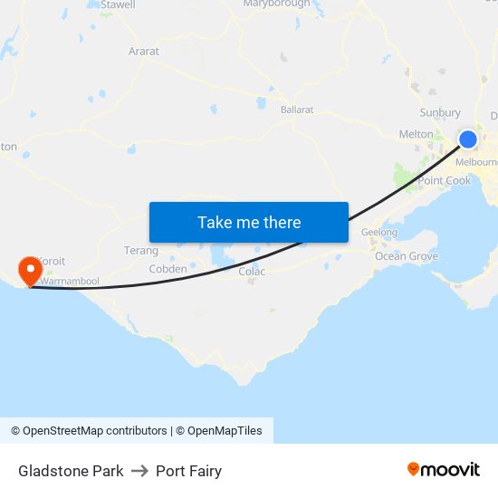 Gladstone Park to Port Fairy map