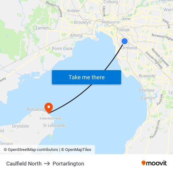 Caulfield North to Portarlington map