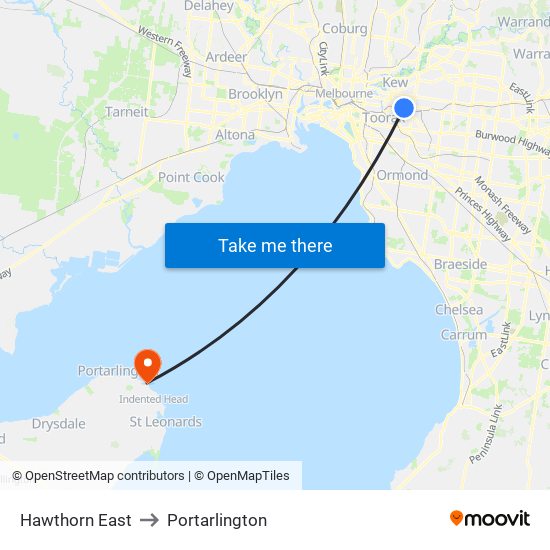 Hawthorn East to Portarlington map