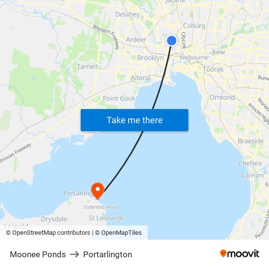 Moonee Ponds to Portarlington map