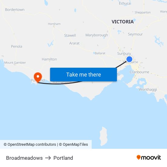 Broadmeadows to Portland map