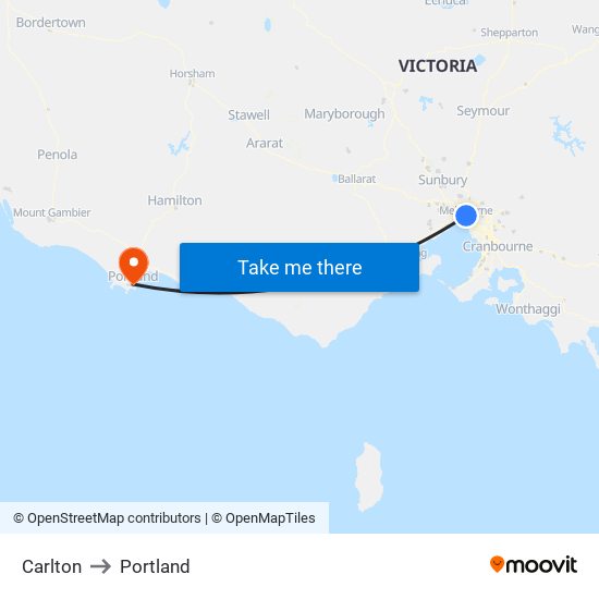 Carlton to Portland map