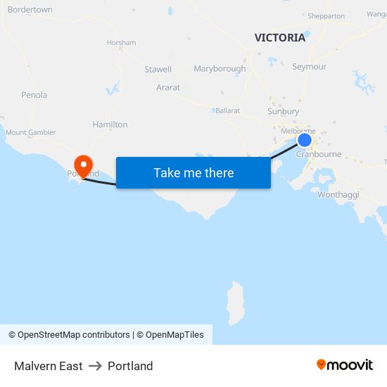 Malvern East to Portland map