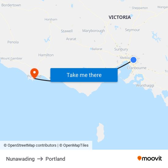 Nunawading to Portland map