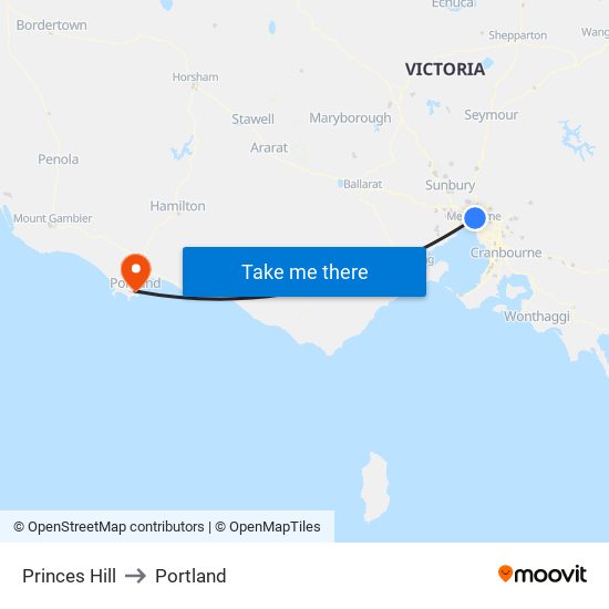 Princes Hill to Portland map