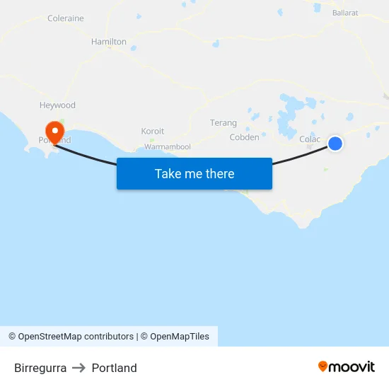Birregurra to Portland map