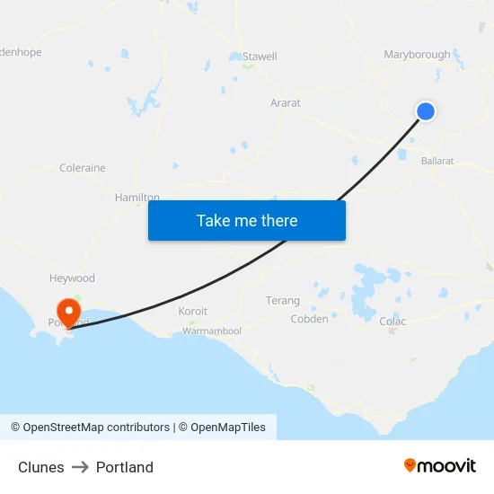 Clunes to Portland map