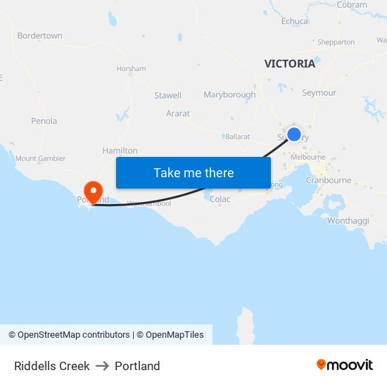 Riddells Creek to Portland map