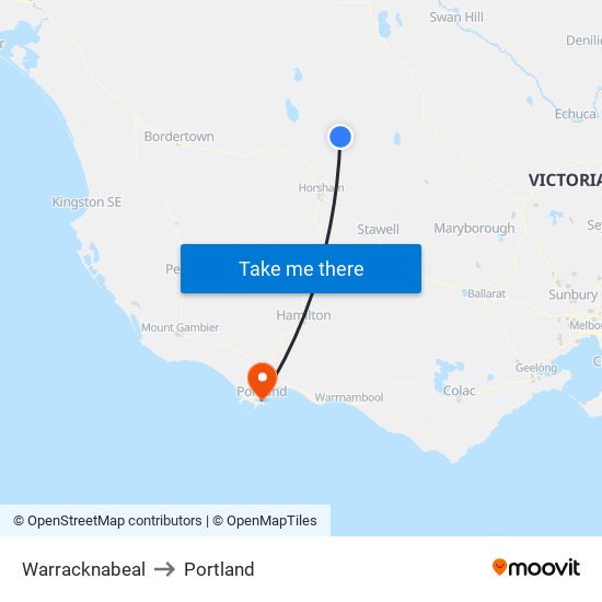 Warracknabeal to Portland map