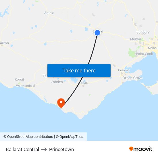 Ballarat Central to Princetown map