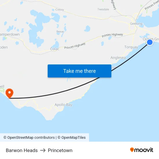 Barwon Heads to Princetown map