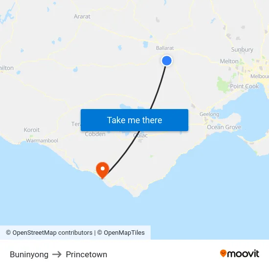 Buninyong to Princetown map