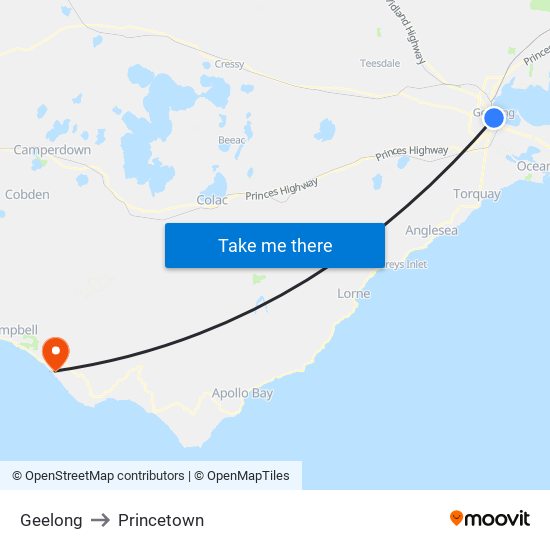 Geelong to Princetown map