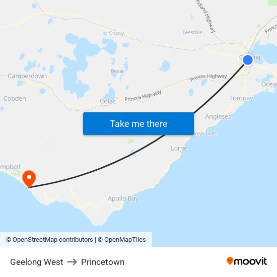 Geelong West to Princetown map