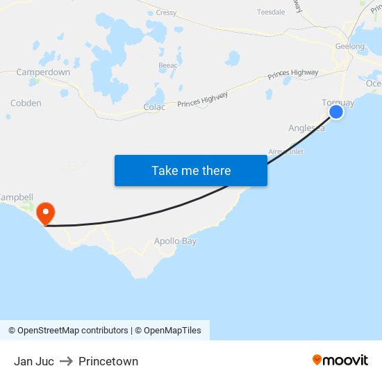 Jan Juc to Princetown map