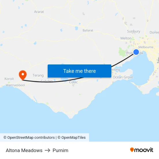 Altona Meadows to Purnim map