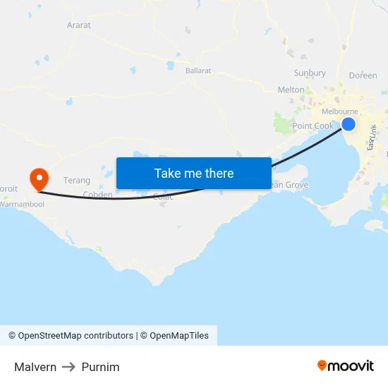 Malvern to Purnim map