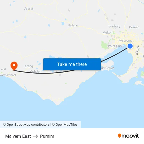Malvern East to Purnim map